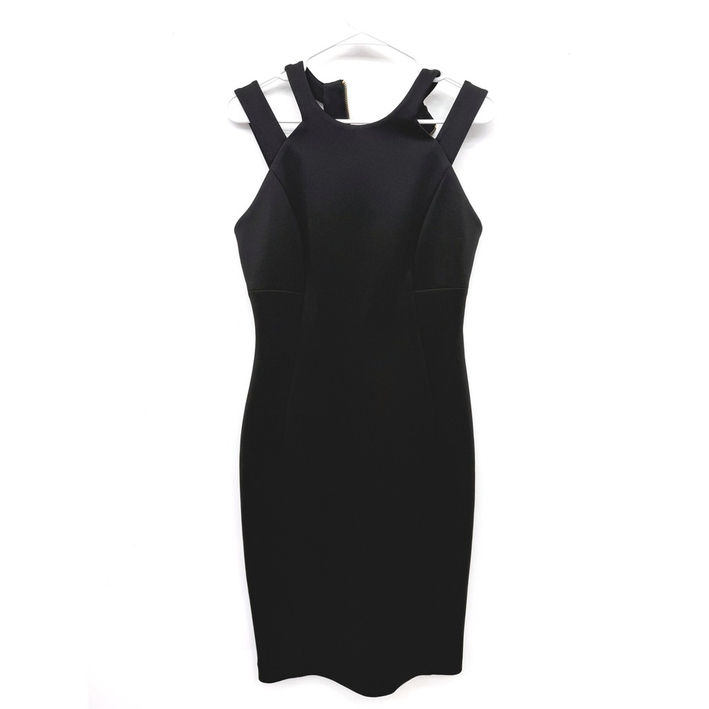Calvin Klein Sheath Dress Womens 6 Black Strappy Scuba Crepe Sleeveless Mini